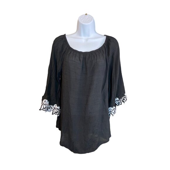 Cato EST 1946 Womens Peasant Blouse Black L Embroidered Bell Sleeves Whimsy Goth - Picture 1 of 6